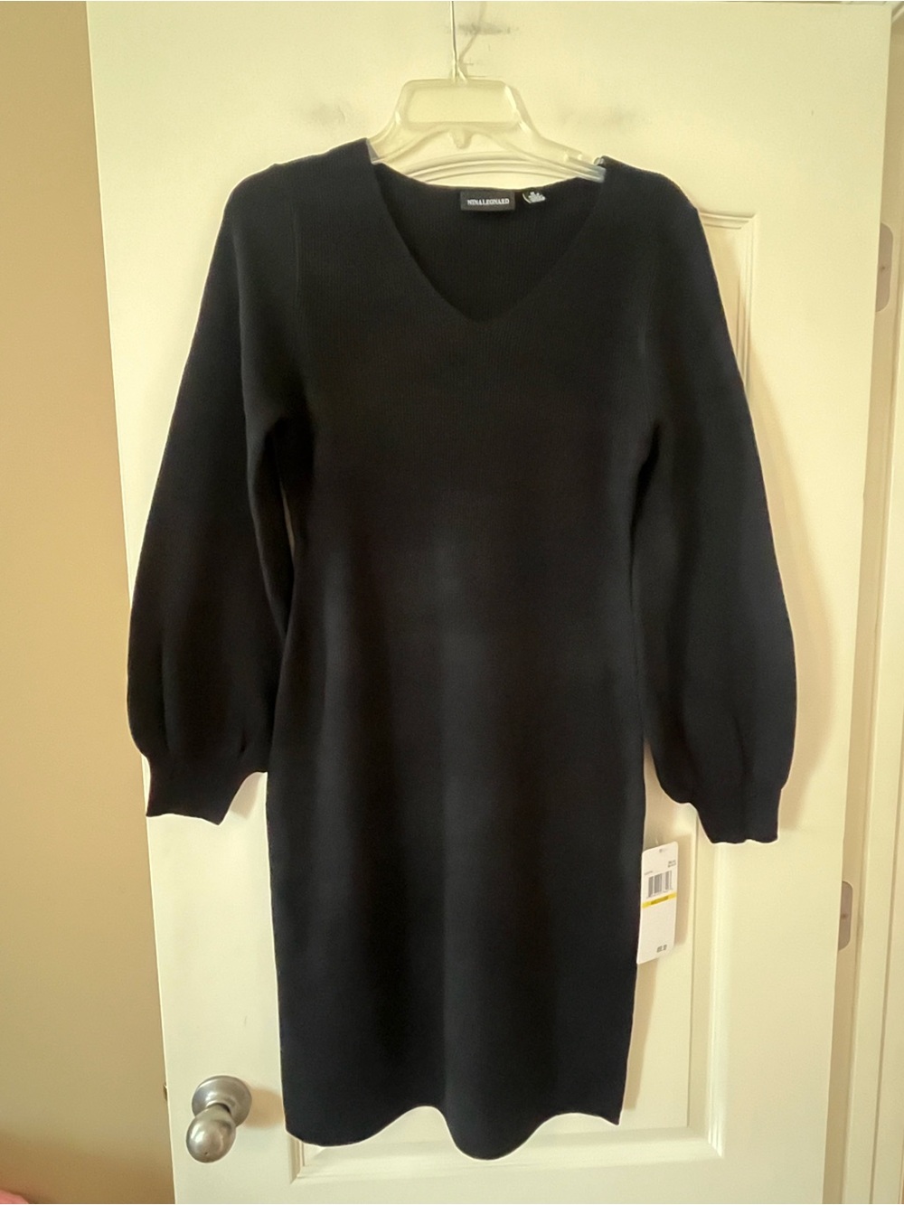 Nina Leonard Black V-Neck Balloon Sleeve Lightweight Knit Dress Women’s Size XL
